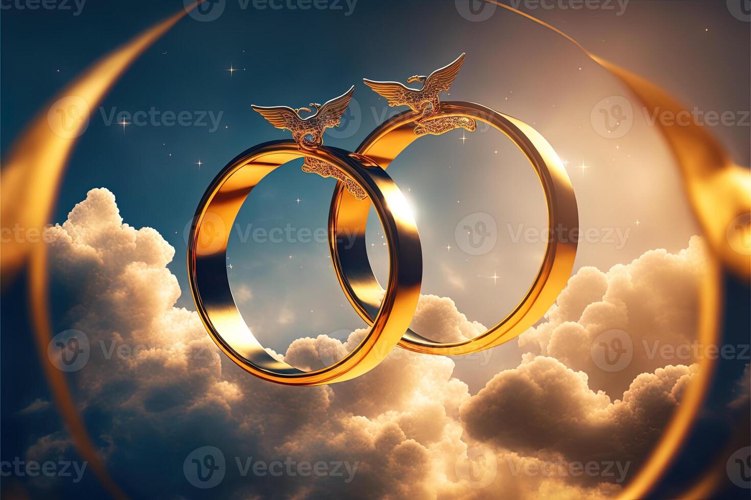 A pair of gold wedding rings floating in the sky. two wedding rings floating in the clouds with a sun in the background and a blue sky with clouds below them. . Wedding concept. photo