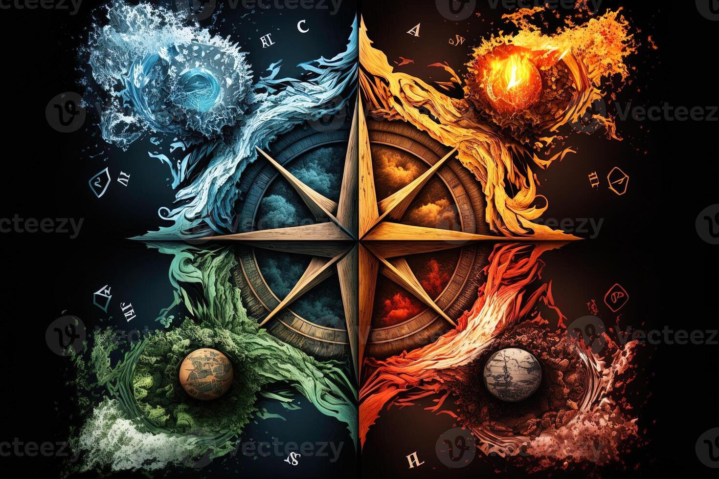 Four elements compass. . Colorful magical fantasy compass, four elements earth, fire, water, air. photo