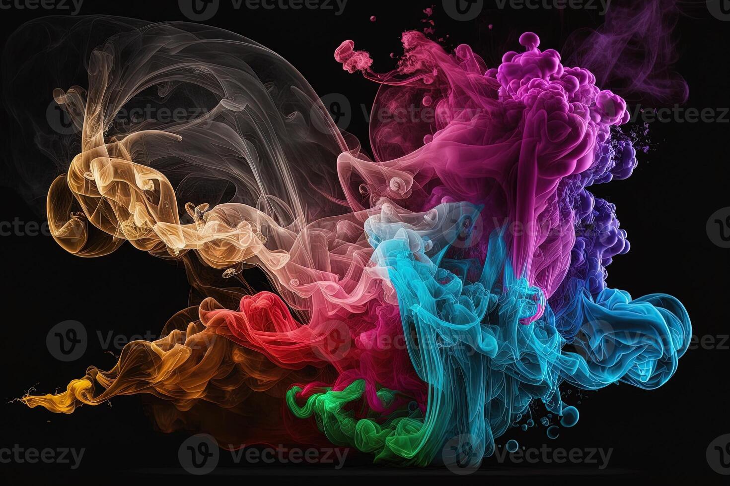 a colorful smoke cloud is shown in this image, it looks like it is floating in the air and is very dark and blue and yellow, with a black background. photo