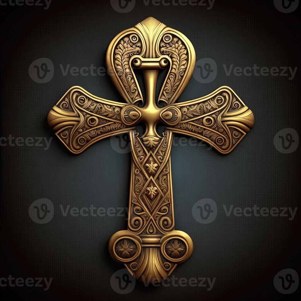Ancient golden ankh symbol isolated on dark background. Illustration of an Egyptian cross in digital form. The ancient Egyptians used the Ankh as a symbol for eternal life. photo