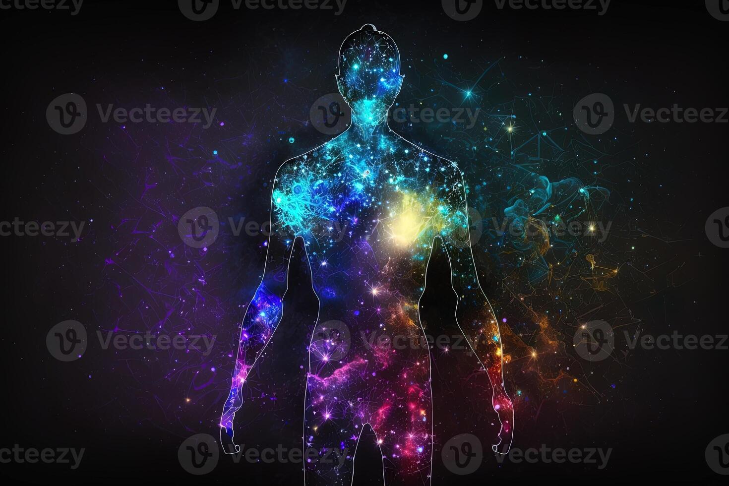 Astral body silhouette with abstract space background. Esoteric, spiritual life and meditation concept. Afterlife and connection with other worlds. Created with photo
