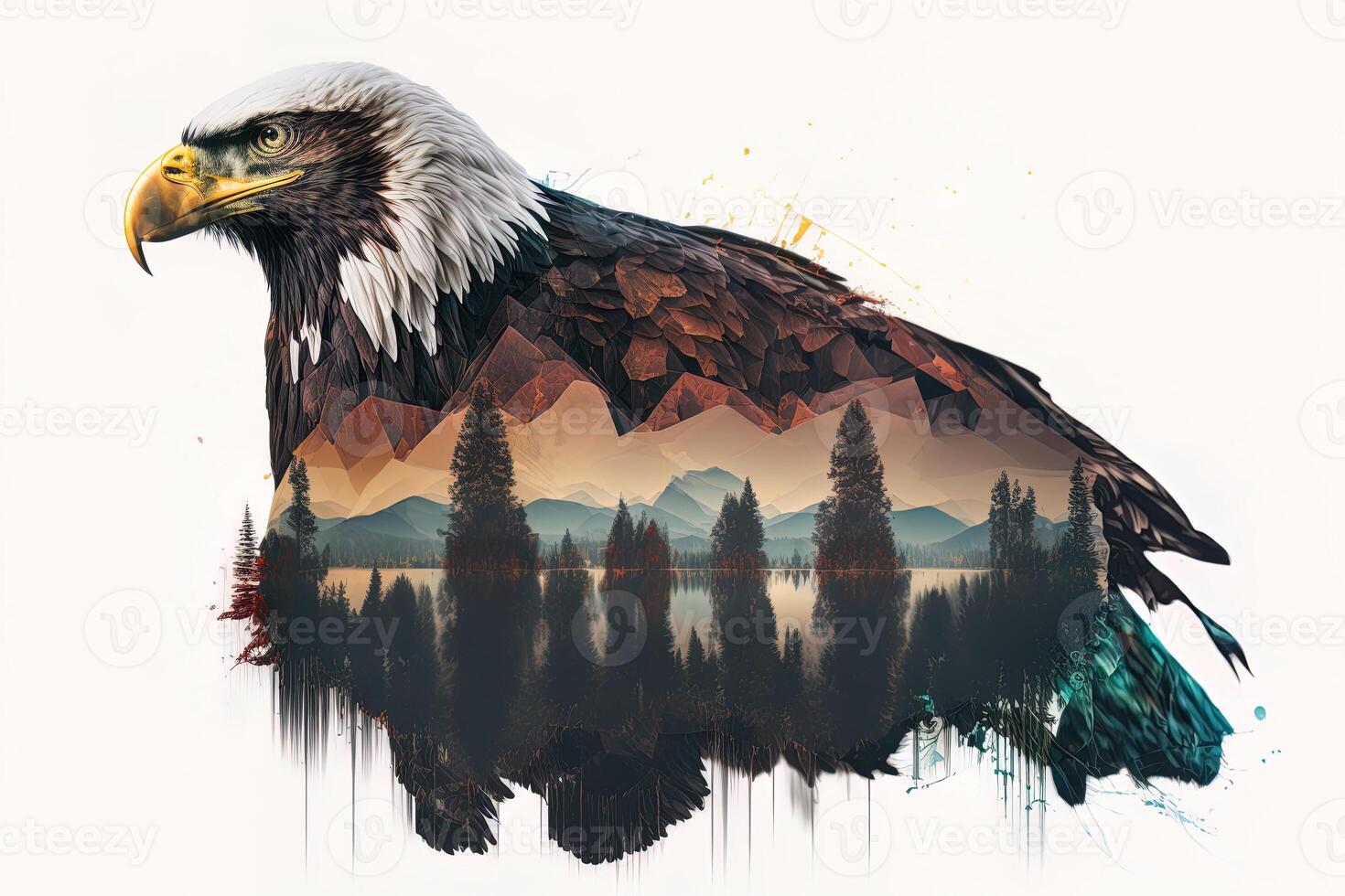 Bald eagle and the Pacific Northwest, double exposure photography. . Leader, courage, strong and brave, majestic lion. Scout photo