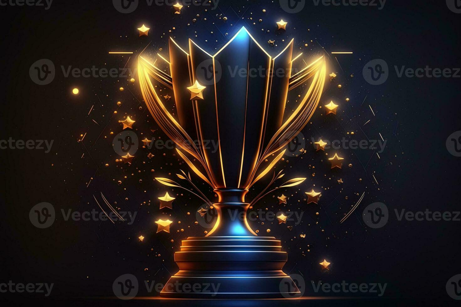 Champion golden trophy with gold stars on blue dark background. Generation AI. Concept of success and achievement. Gold glitters explosion. photo