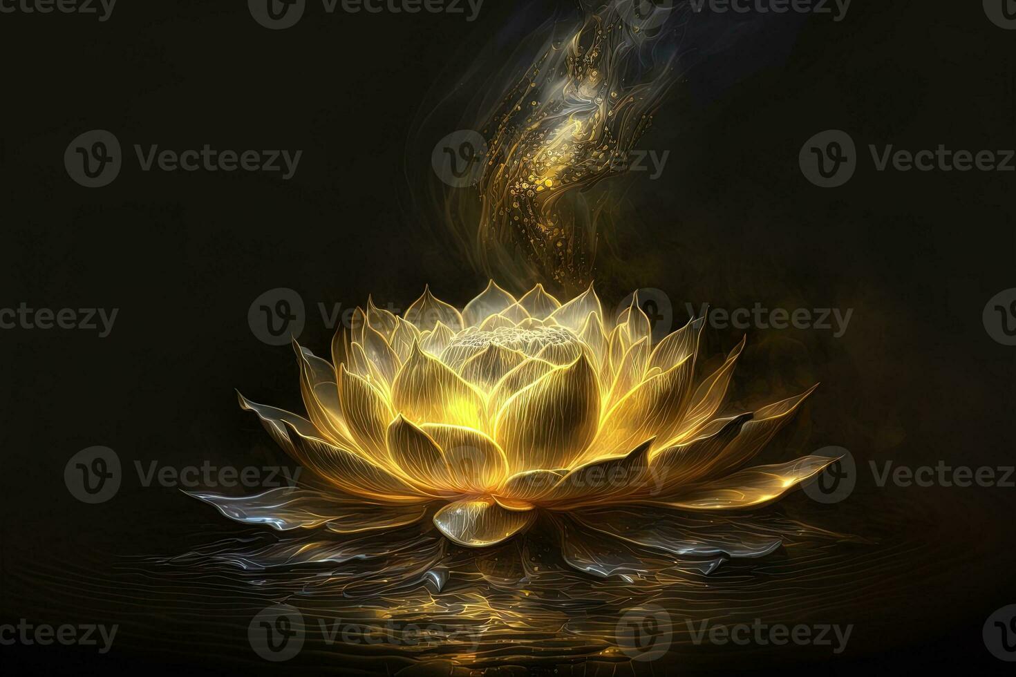 Bright red, yellow lotus flower, burning cloud-like petals, surrounded by magic chaos light, white smoke, falling reflected light, Lotus light with pearls floating on a sparkly background. photo