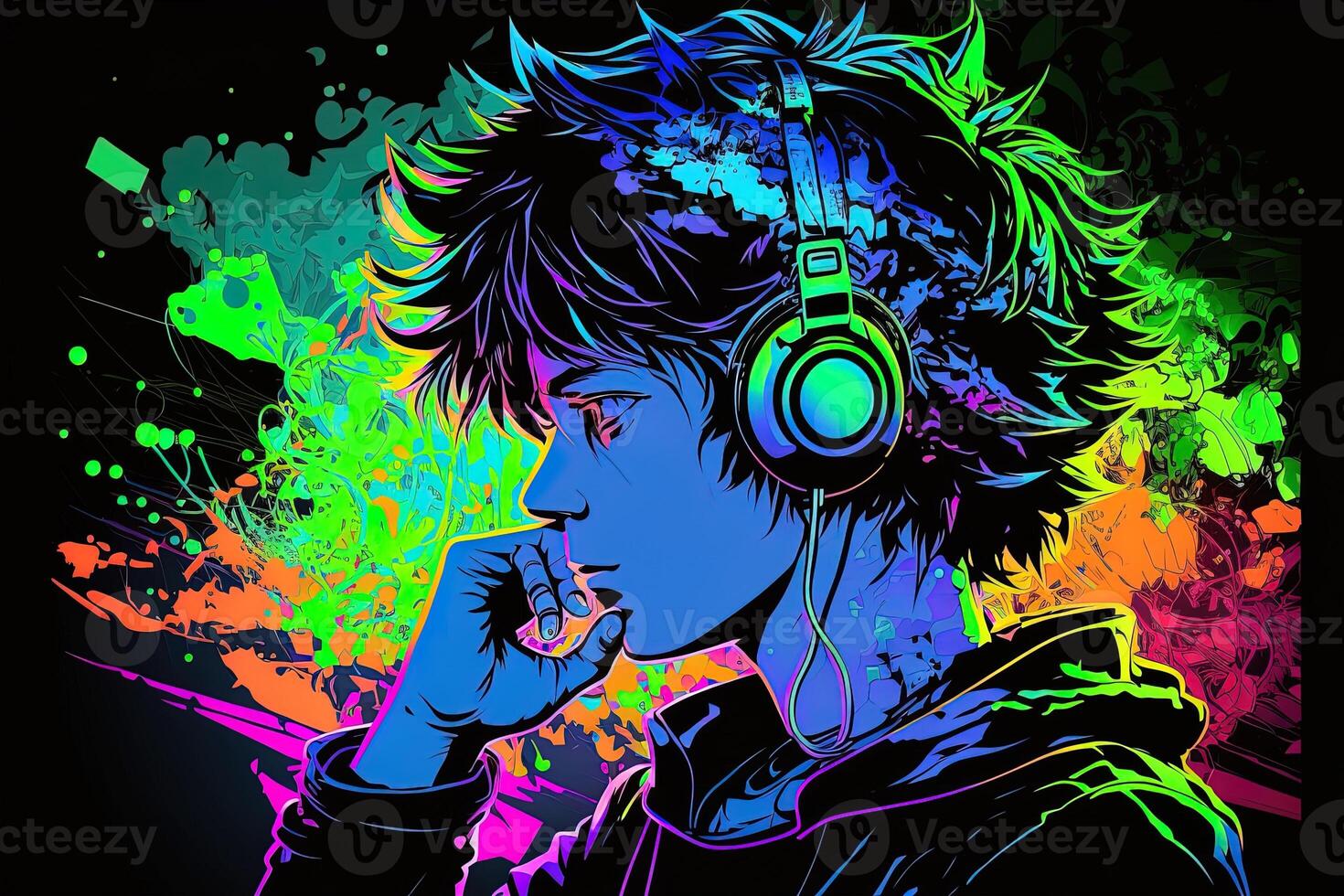 an neon gamer anime fashion boy or man wearing headphones, lost in his music. abstract background that evokes the feeling of different genres of music. banner music concept photo