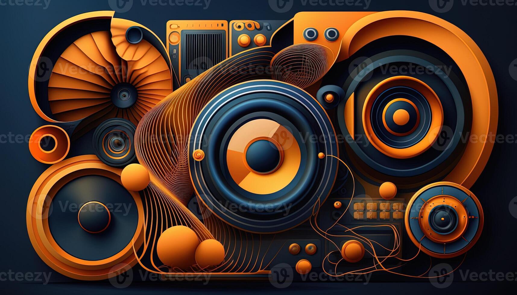 Background banner Music and sound with some technology, orange and dark blue color.Gold music notes and treble clef on line wave of sound tune. illustration template for music festival photo