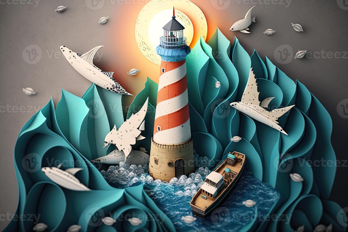 a top view paper art of Lighthouses and whales on the sea, sunny. Perfect for your project, texture, blog,gift paper, wrapping and environment. photo