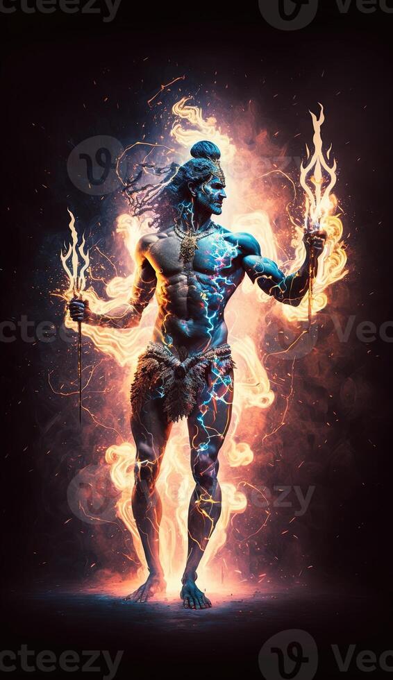 Hindu god Shiva, Colorful indian hindu God Shiva hand holding Trident. God Shiva epic pose with trishula, magic in hand for t-shirt print, poster - Hindu religious art. photo