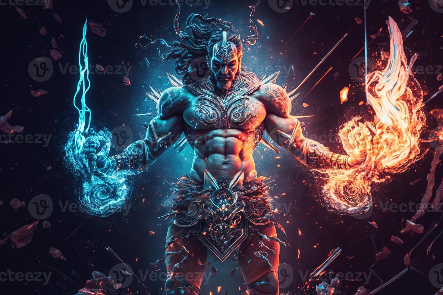 Hindu god Shiva, Colorful indian hindu God Shiva hand holding Trident. God Shiva epic pose with trishula, magic in hand for t-shirt print, poster - Hindu religious art. photo