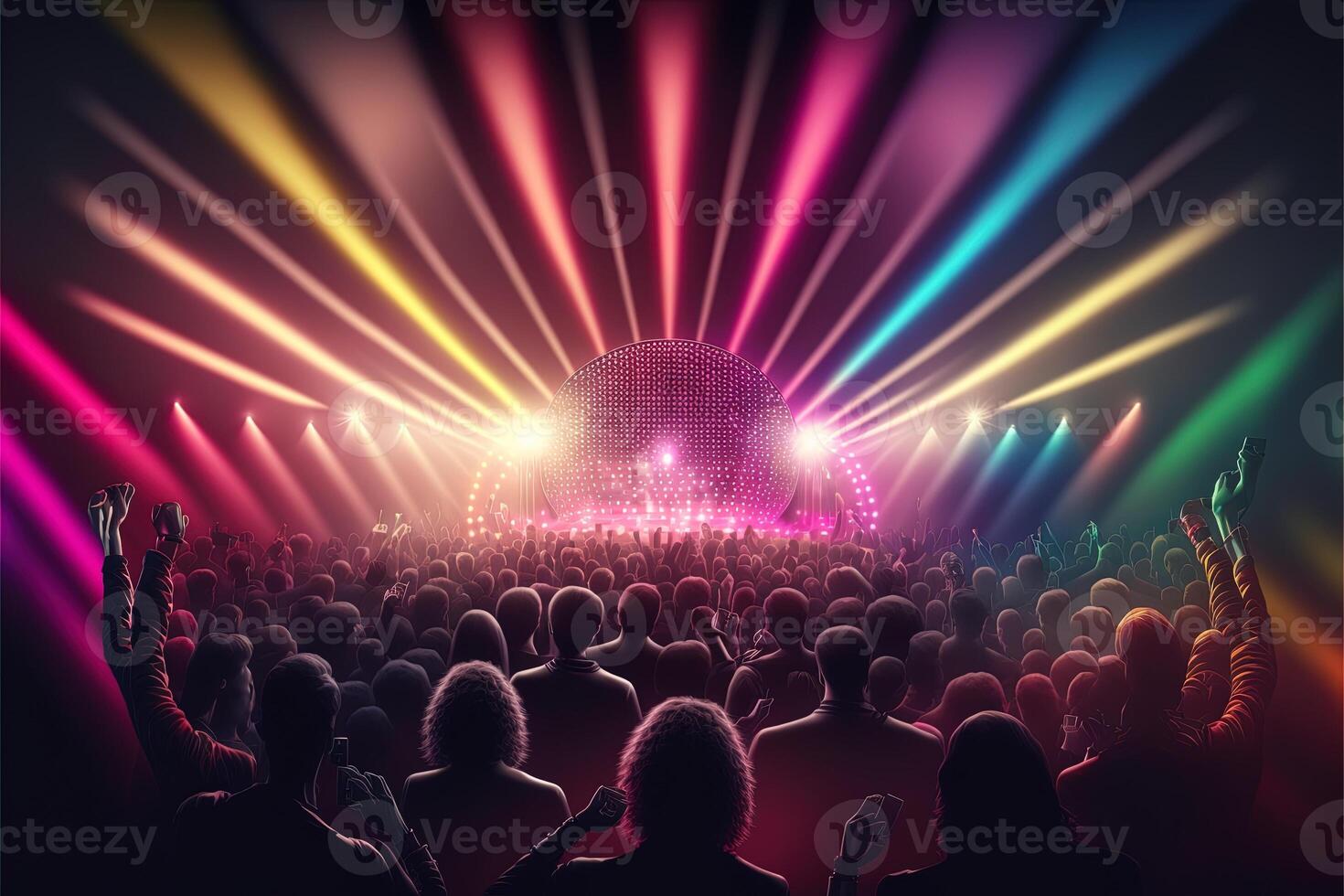 New Year's Eve party background, pop color, group of people dancing and joyful, countdown, neural network art.Digitally painting, generated image. stage with a lot of stage lights, disco photo