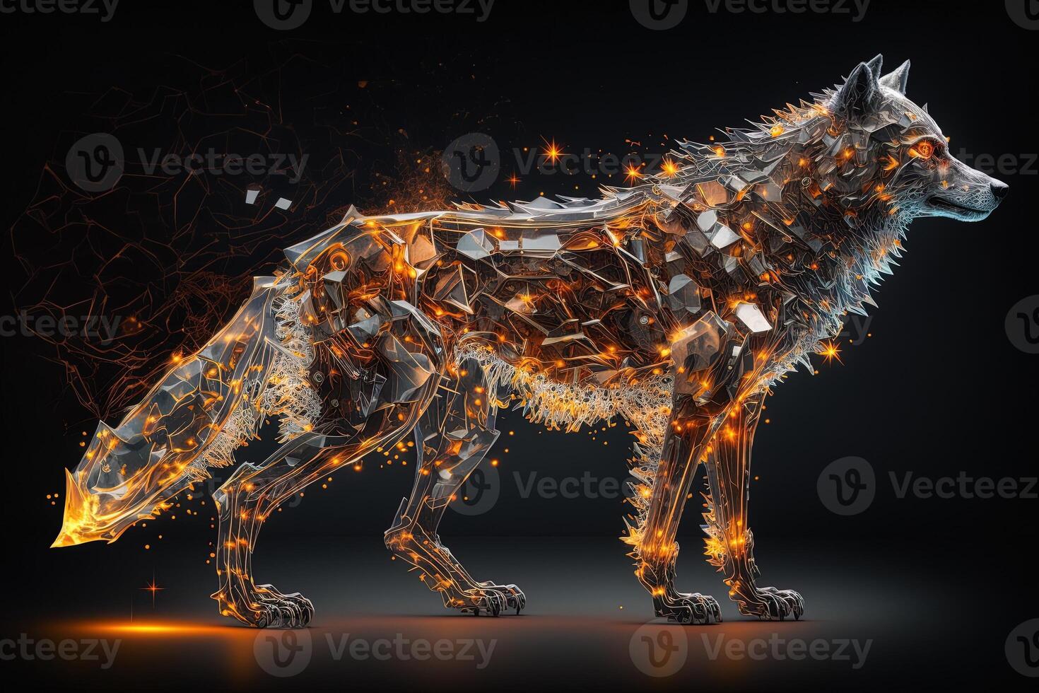 fusion of metal wolf exploding through fire surrounded by scattered glass shards and debris, cosmic energy photo