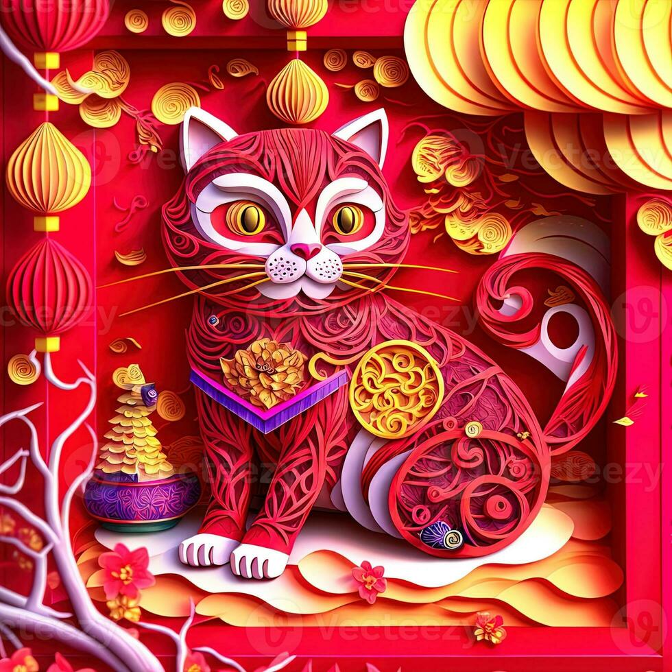 Paper cut quilling multidimensional chinese style cute zodiac cat with lanterns, blossom peach flower in background, chinese new year. Lunar new year 2023 concept photo