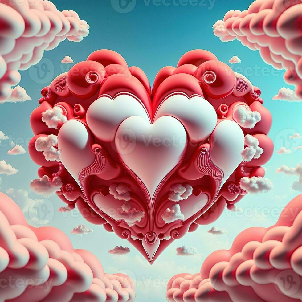 Perfect decorations for valentines day, symmetrical, hearts and clouds, red, pink, 3d, proffesional studio, super-resolution. Valentine day concept greeting card photo