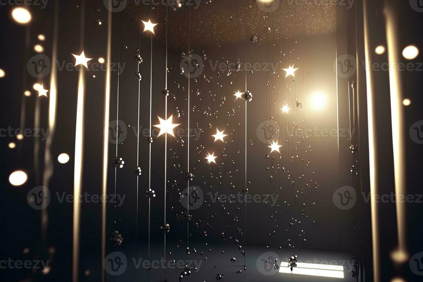 Shower of a million sparkling star shaped mirrors from the heavens. Bright creative abstract decoration element for celebration. Gold and silver glitter star with golden frame on dark background. photo