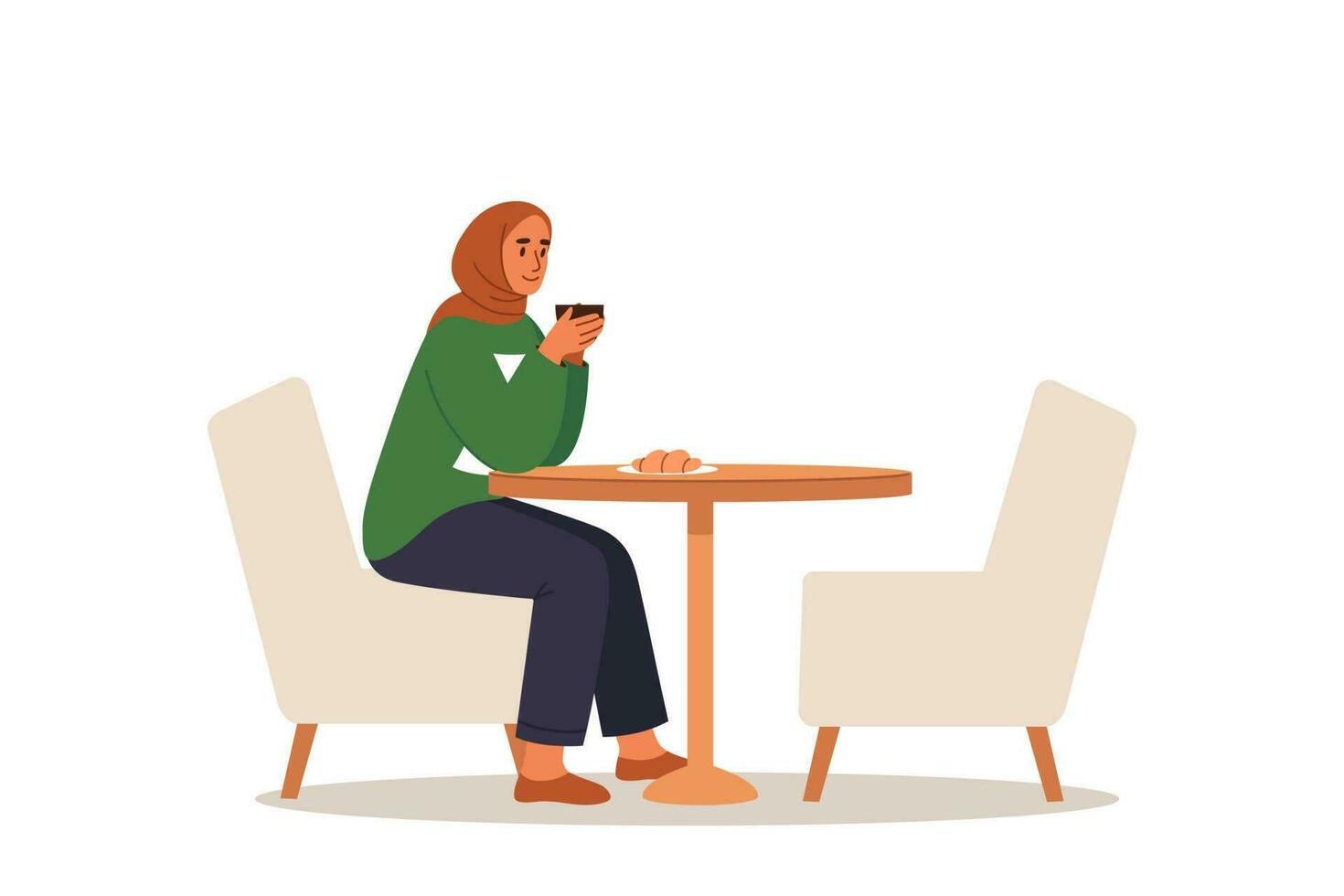 Muslim woman drinking coffee at the table. Flat vector illustration.