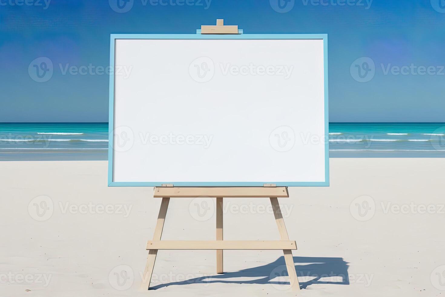 White blank artist frame on a small wooden easel on summer sea beach background with copy space. Advertising mockup artboard for pictures or artwork. Painting frame template banner. photo