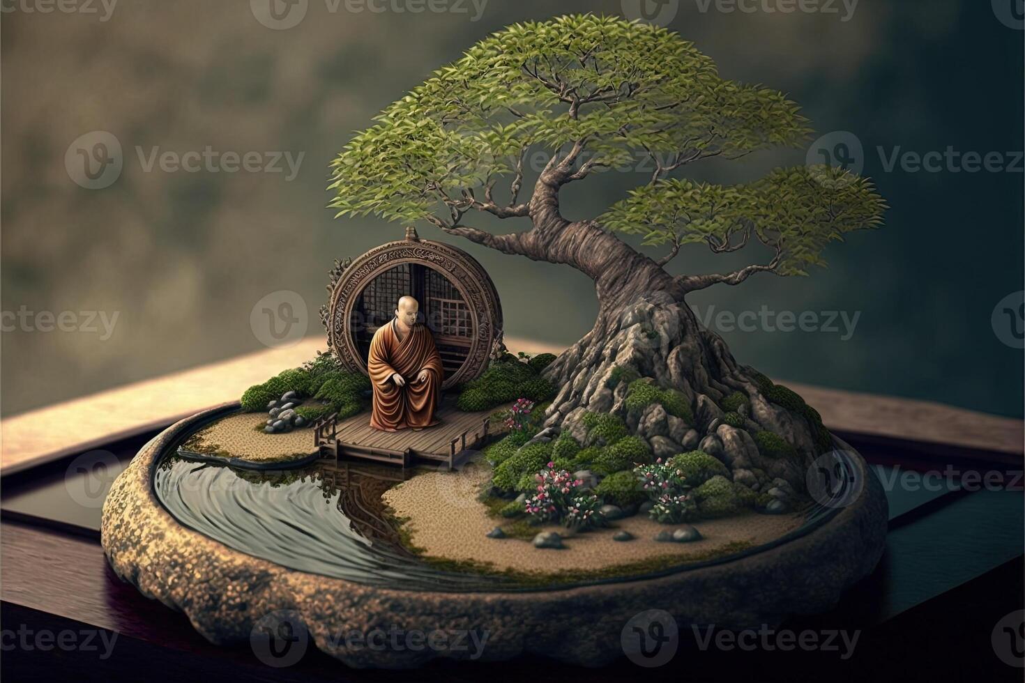 Miniature desk zen sandbox with Monk figure sit in Lotus position, stacked zen sea stones, brown elephant figurines, spa candles burning against dark studio background, copy space. photo