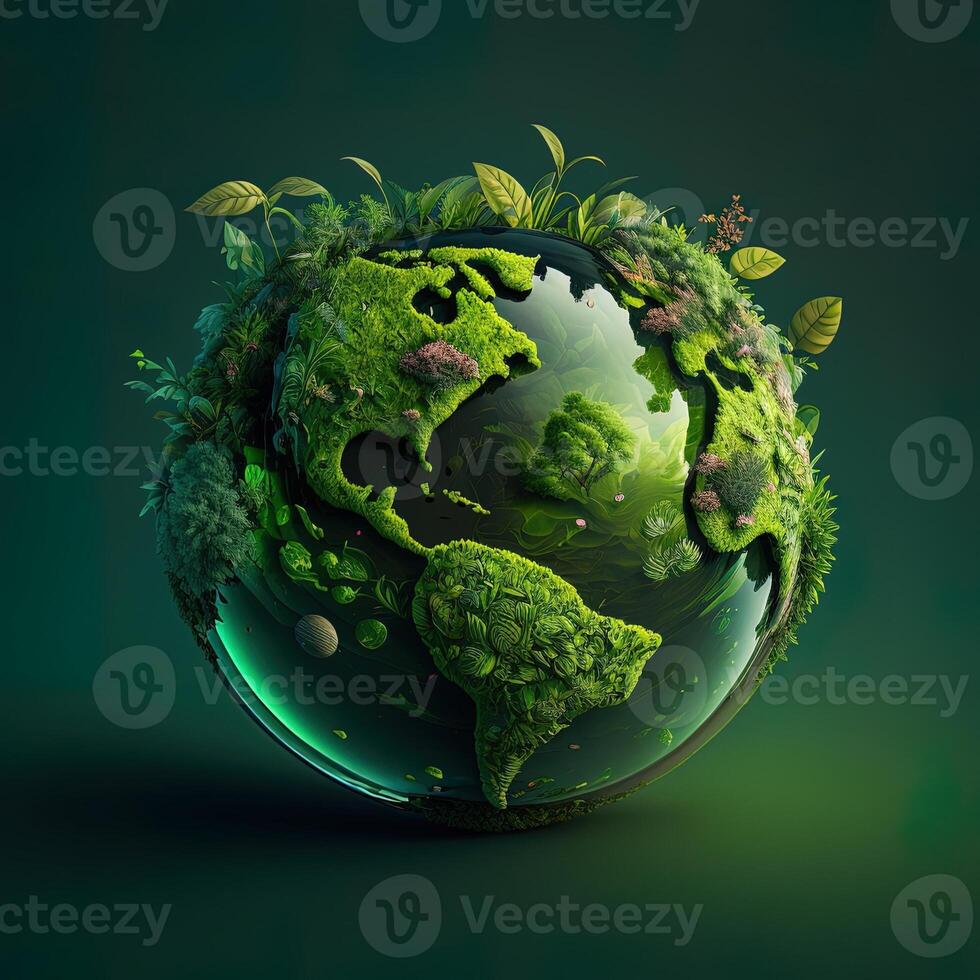 a green mini planet earth, Illustration of planet Earth with a giant tree. Energy saving, ecology and environment sustainable resources conservation concept. photo