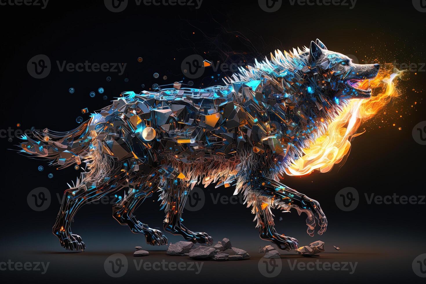 fusion of metal wolf exploding through fire surrounded by scattered glass shards and debris, cosmic energy photo