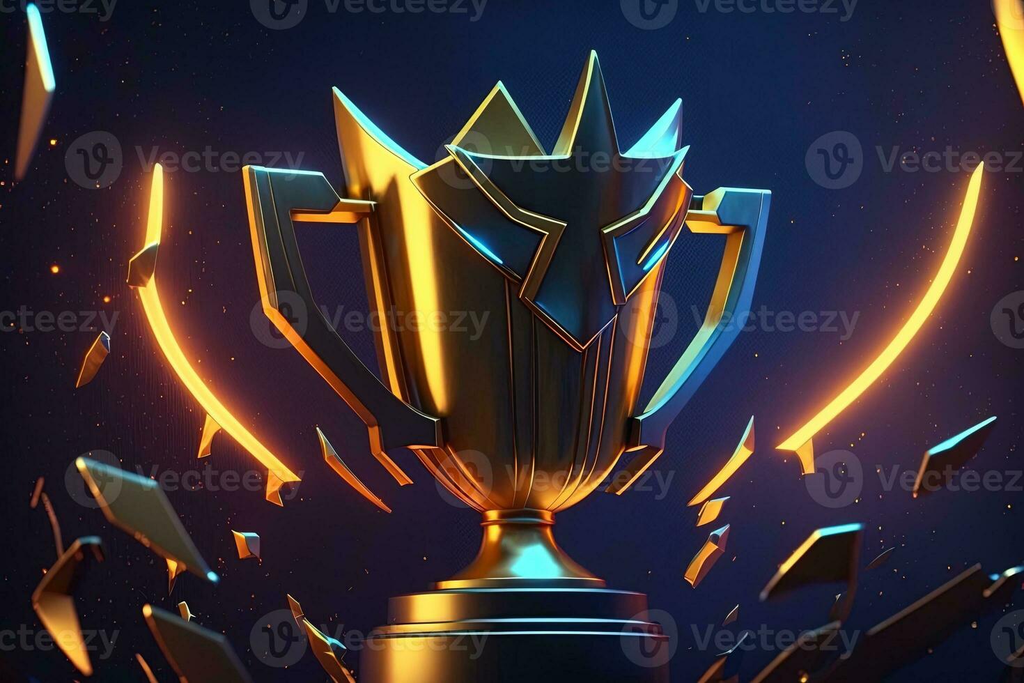 Champion golden trophy with gold stars on blue dark background. Generation AI. Concept of success and achievement. Gold glitters explosion. photo