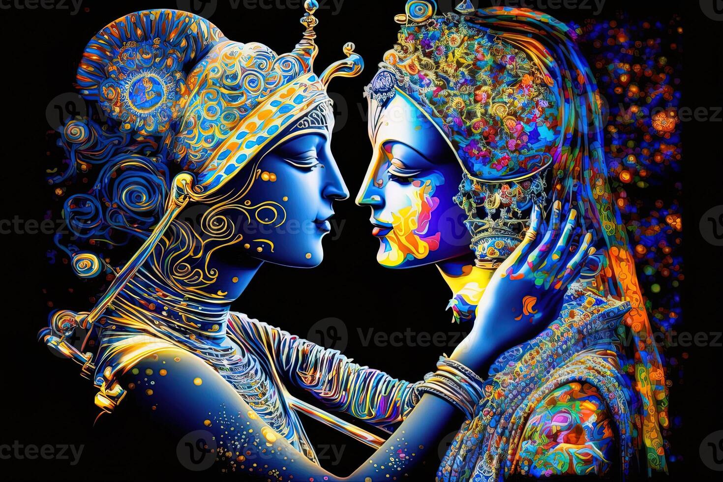 Radha krishna in love medium shot photography portrait of cosmic galactic . symbol of Devine Love. Art Print For Home Decor hindu couple on abstract decorative background photo