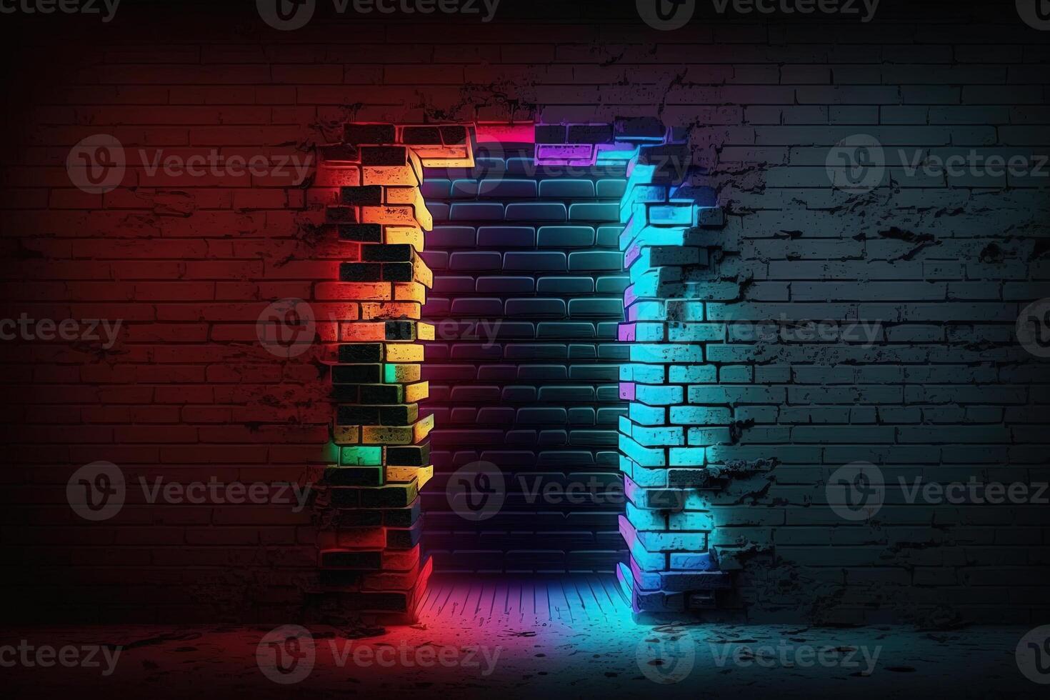 Modern futuristic blank brick wall background with neon lights. old grunge brick wall room background. Colorful copy space concept. photo
