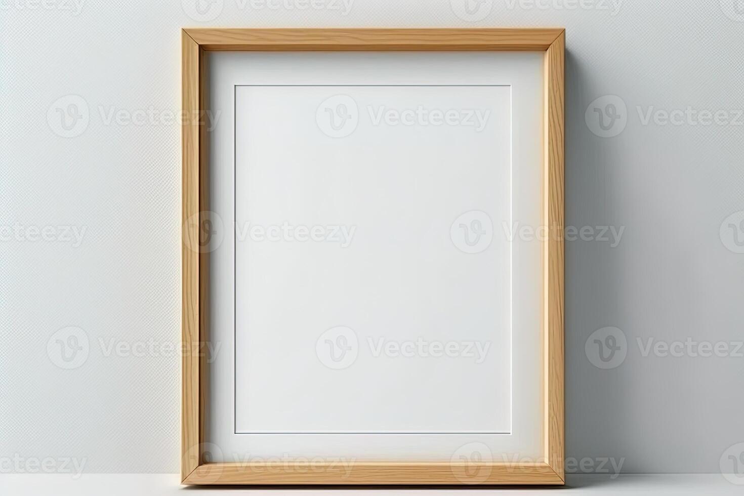 Blank picture frame mockup on wall in modern interior. Artwork template mock up in interior design. Wooden Picture Frame Mockup on White Wall Minimalist - photo