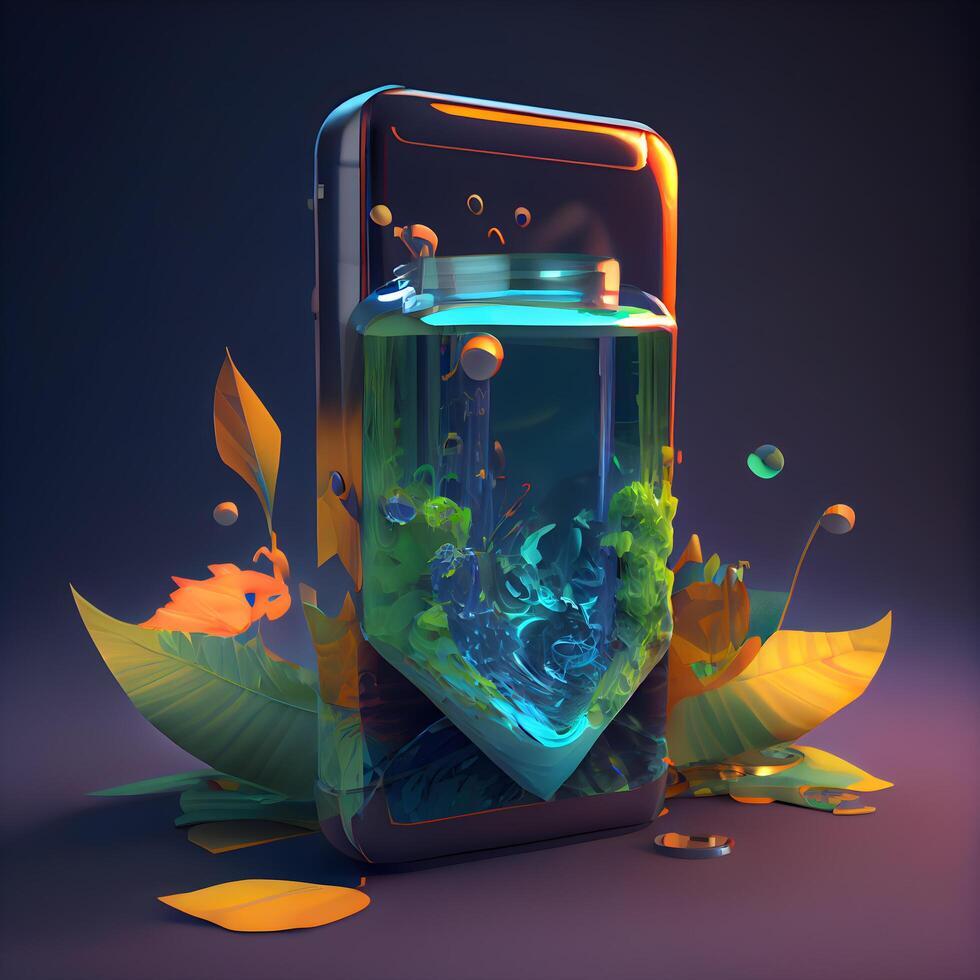 3D illustration of a glass flask with a liquid inside surrounded by leaves., Image photo