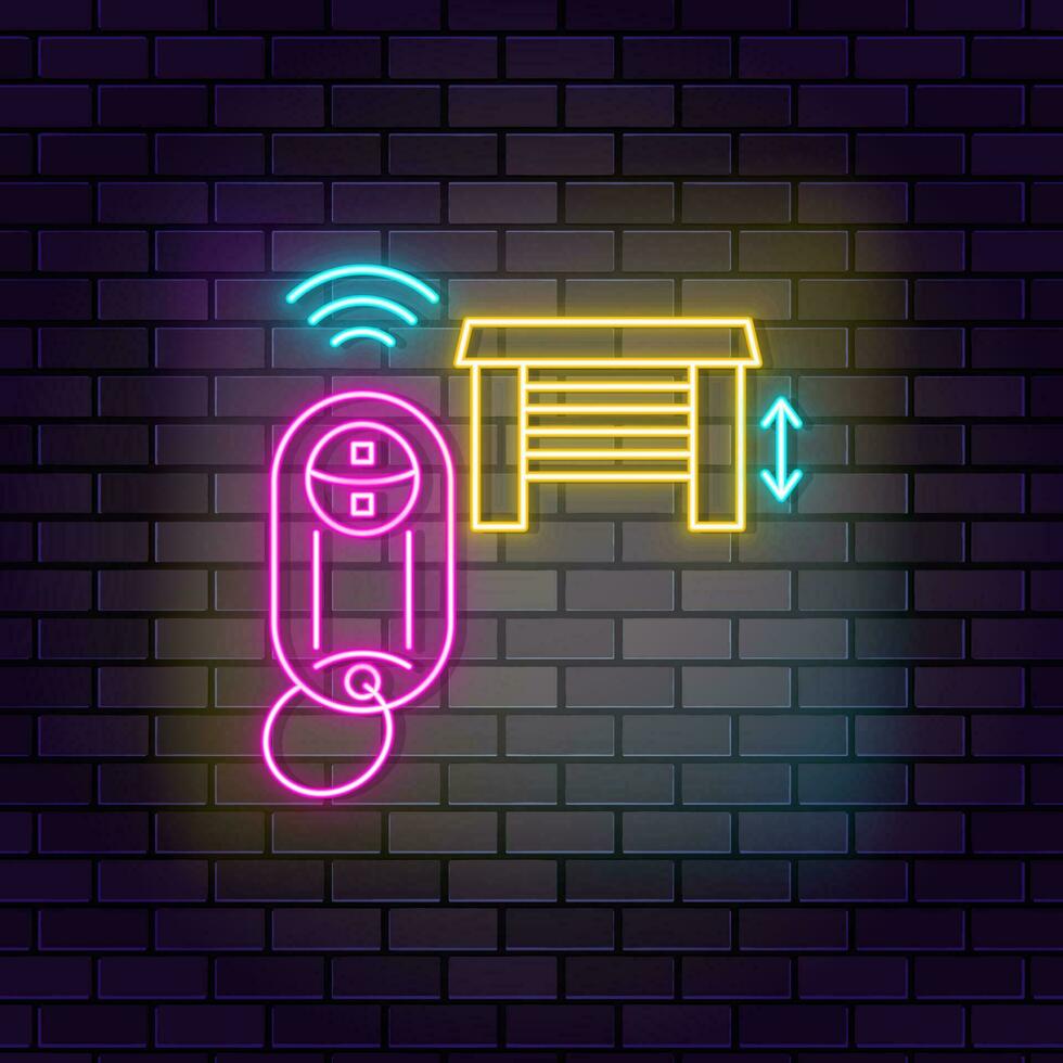 Control, door, drage neon icon brick wall and dark background. vector