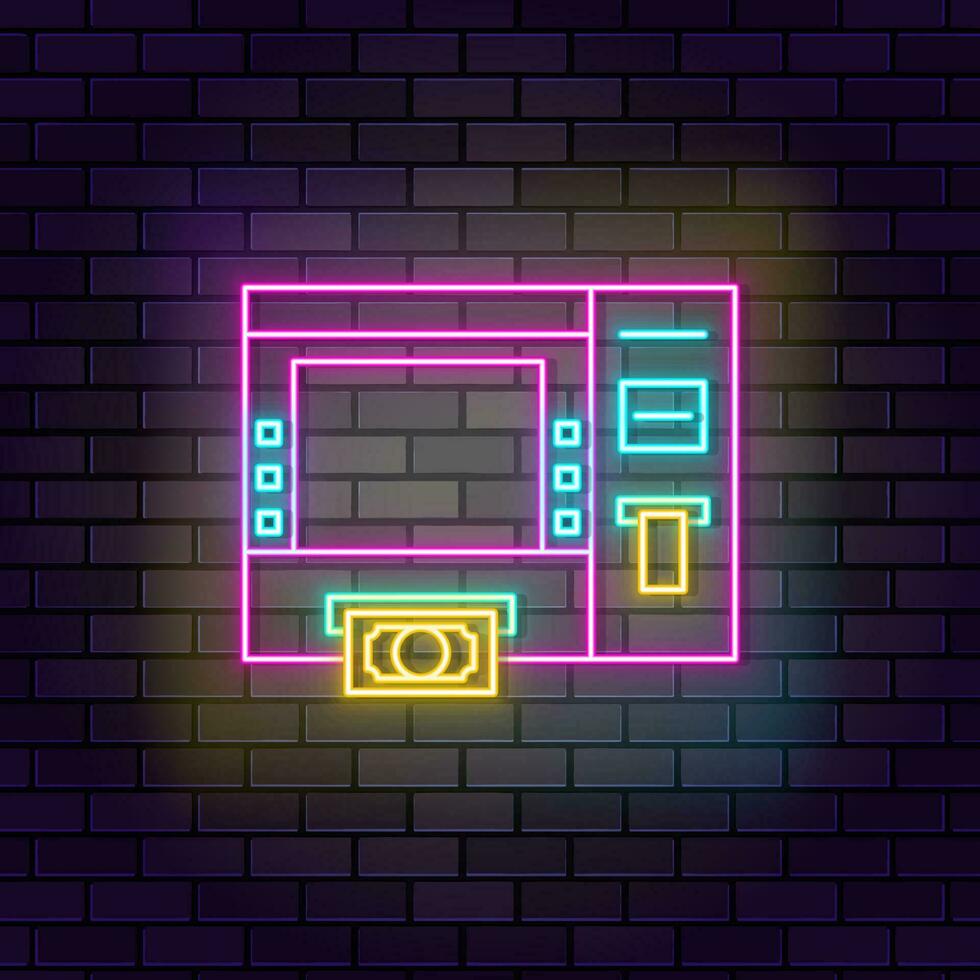 Atm, conditioning, equipment neon icon brick wall and dark background. vector