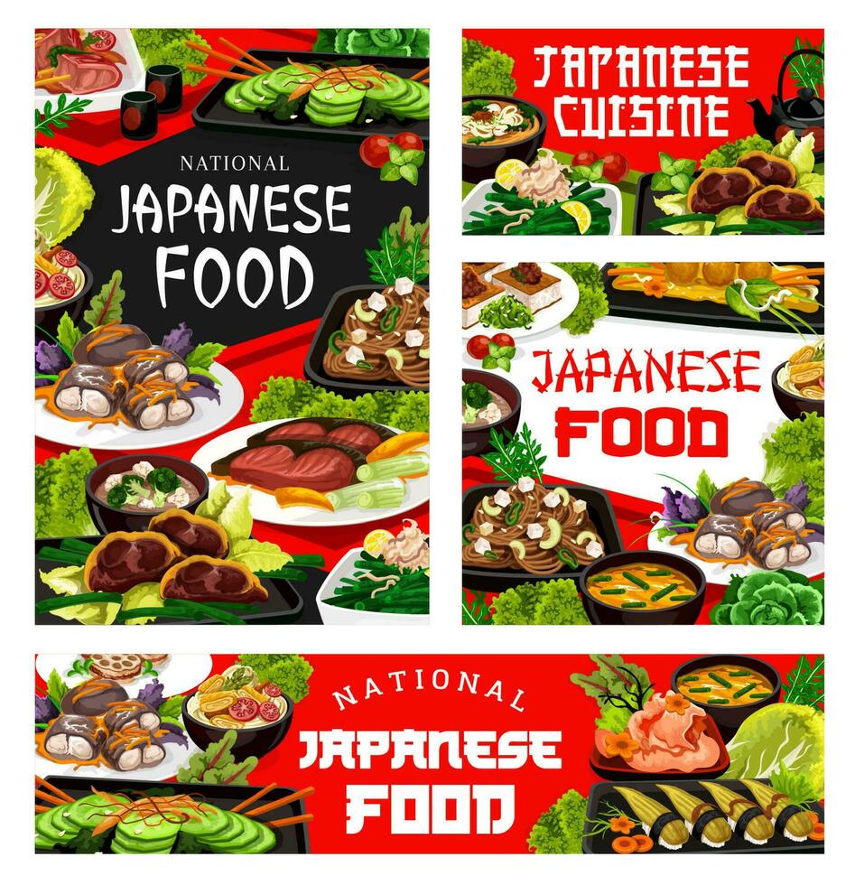 japonés cocina platos, mariscos, tallarines y carne vector