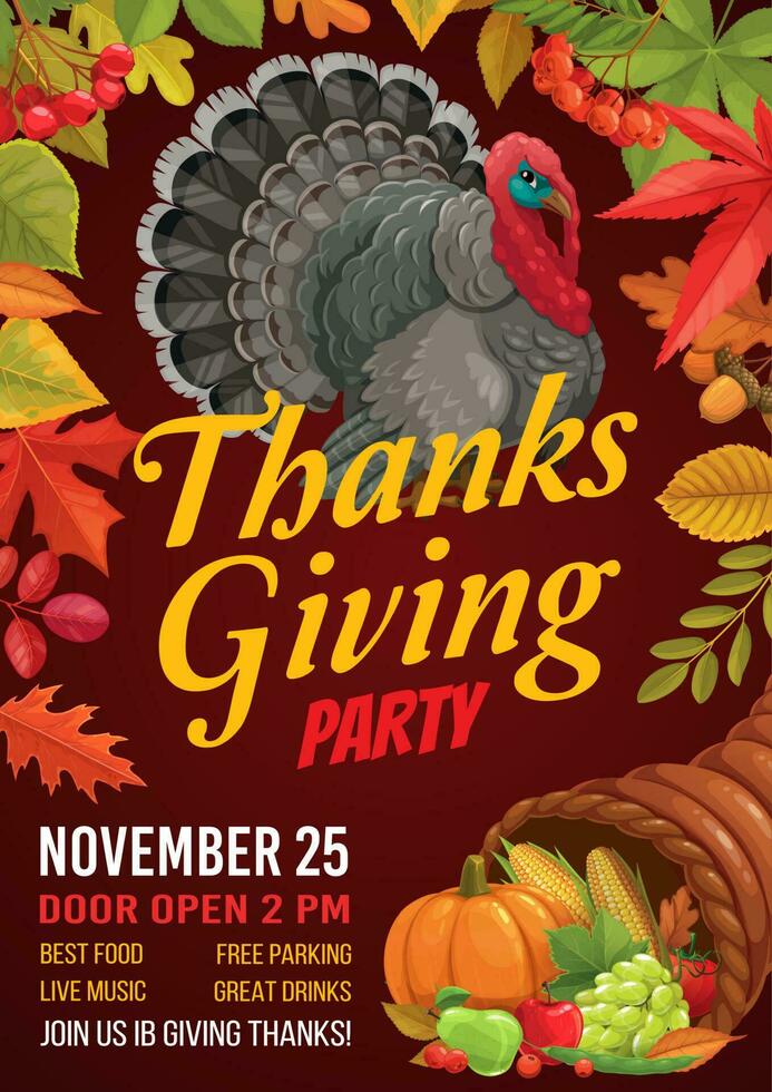 Thanksgiving flyer, turkey, cornucopia, fall leaf vector