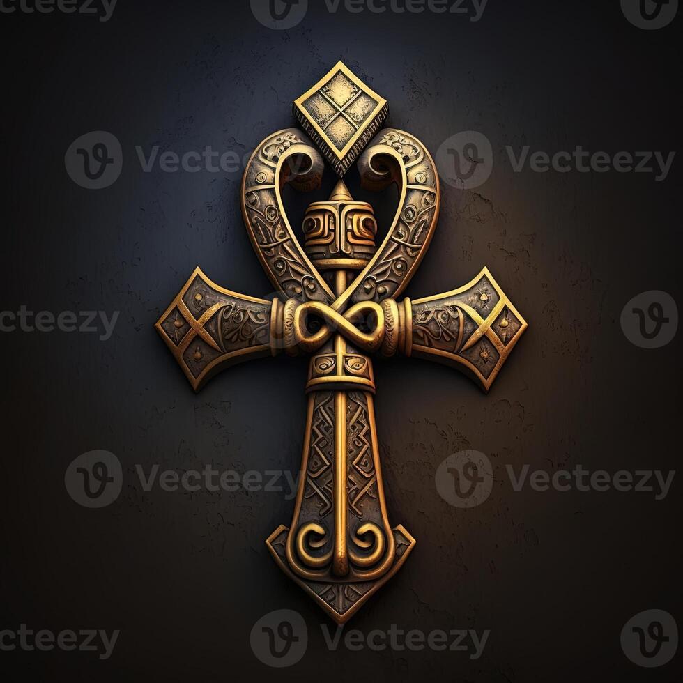 Ancient golden ankh symbol isolated on dark background. Illustration of an Egyptian cross in digital form. The ancient Egyptians used the Ankh as a symbol for eternal life. photo