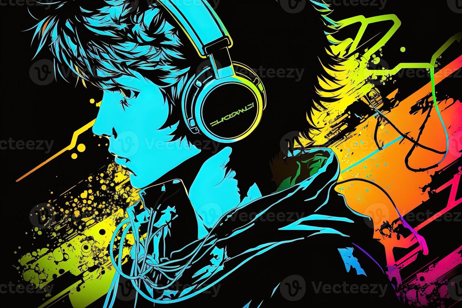 Premium Photo  Generative ai an neon gamer anime fashion boy or man  wearing headphones lost in his music abstract background that evokes the  feeling of different genres of music banner music