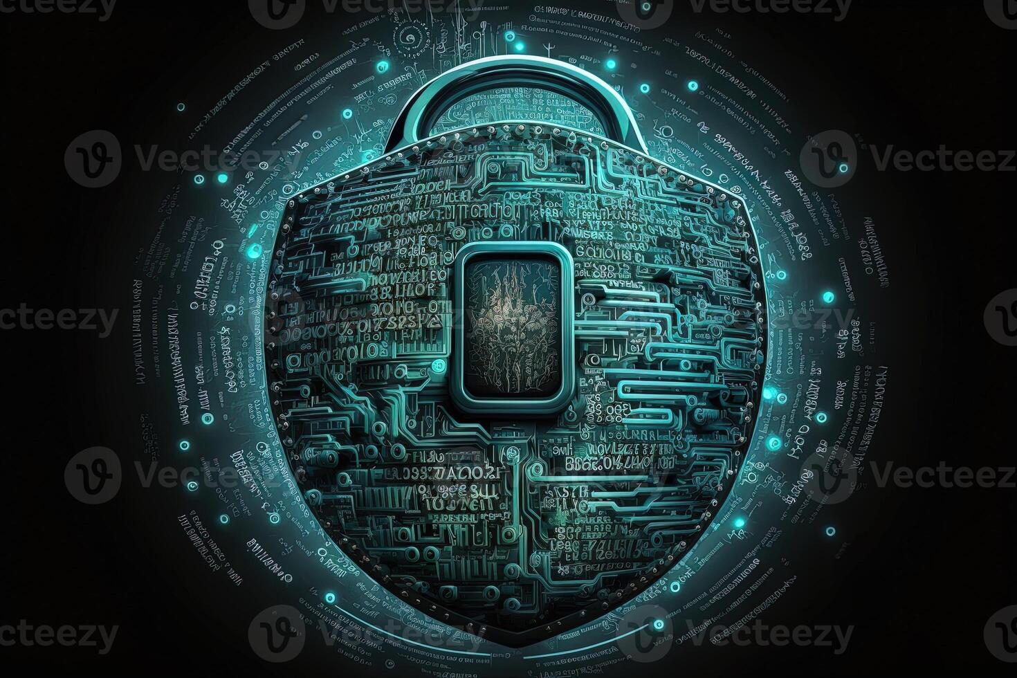 Cyber security information security and encryptions, , Cybersecurity illustration with high-tech padlock protecting a laptop computer and electronic online information symbols, graphics. photo