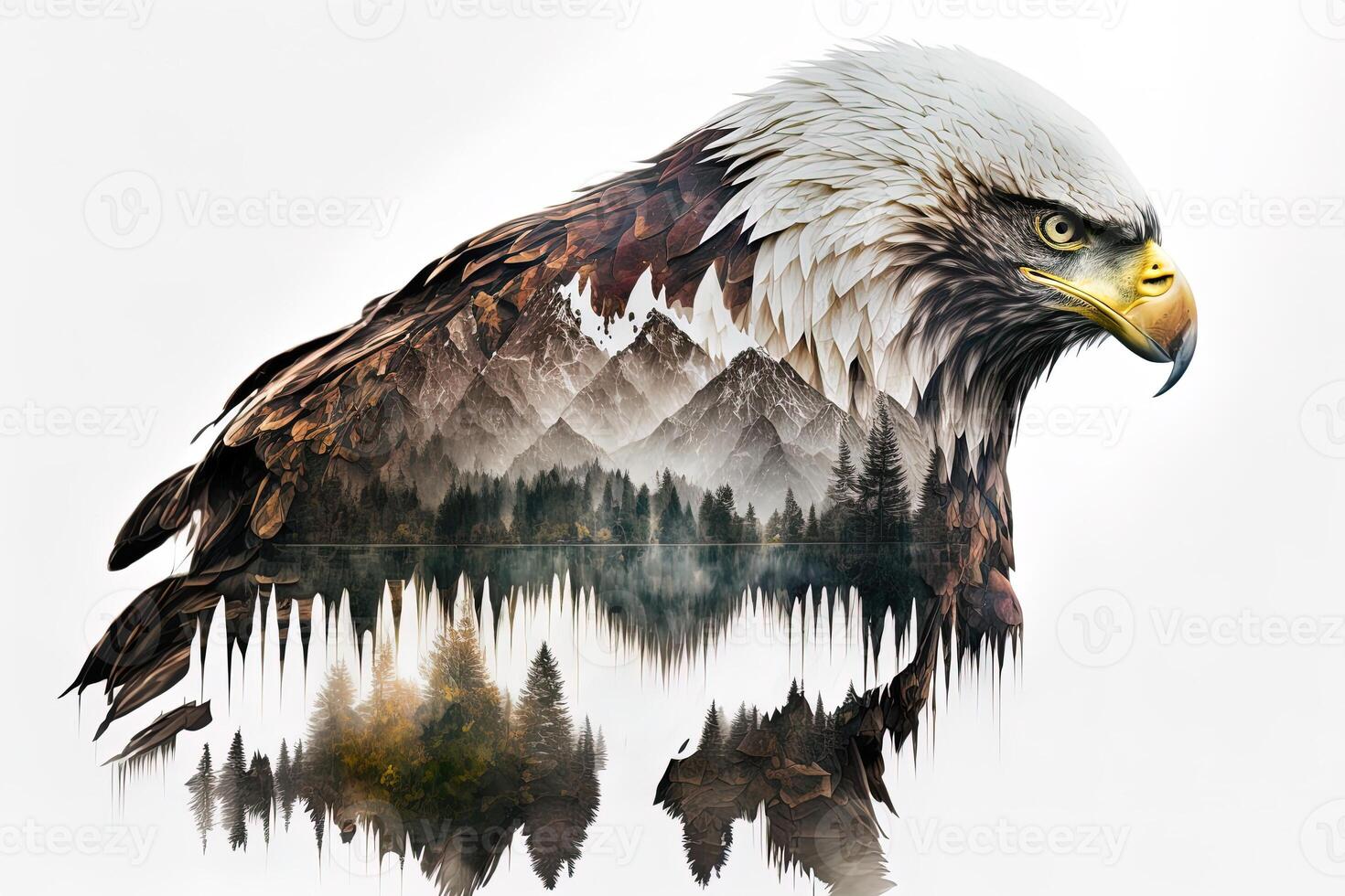 Bald eagle and the Pacific Northwest, double exposure photography. . Leader, courage, strong and brave, majestic lion. Scout photo