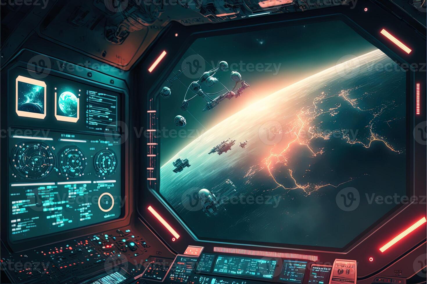 Futuristic navigation system, AR space, floating in the space, flat design, information graphic. Sci-fi space exploration concept. Inside view of the sci-fi cabin of the pilot . photo