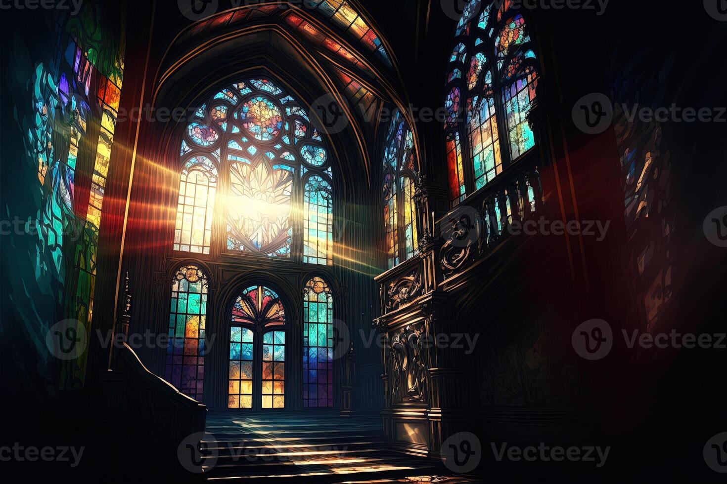 Palace interior with high stained-glass windows made of multicolored glass, an old majestic hall, sun rays through the windows. Dark fantasy interior. photo