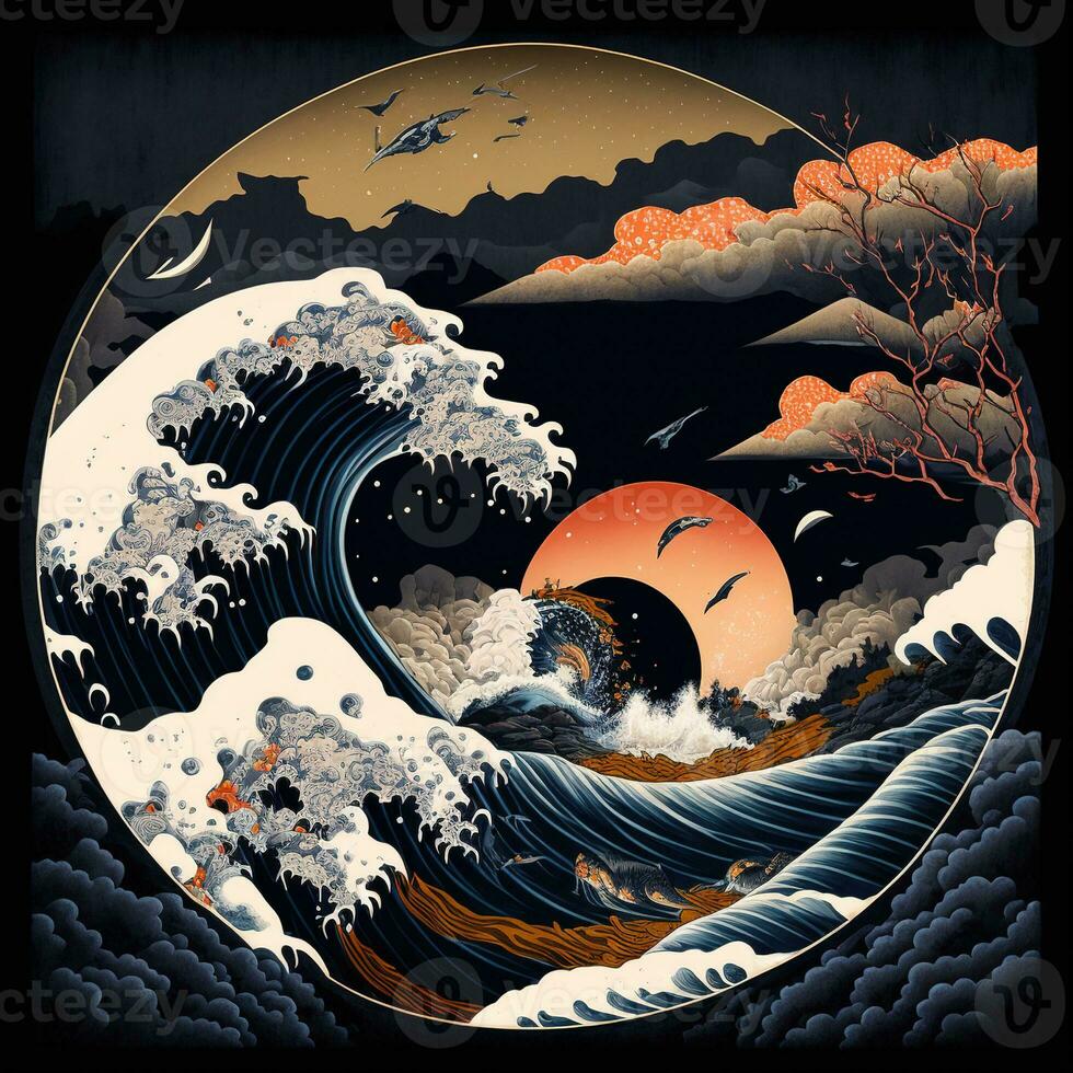 The great wave off kanagawa painting reproduction. Japanese style. Ukiyo-e style painting of the null void changing photo