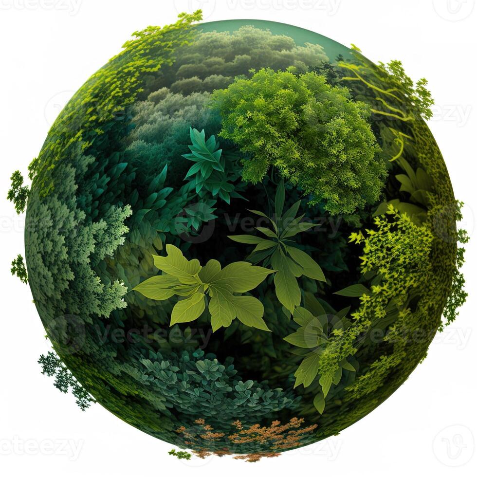 a green mini planet earth, Illustration of planet Earth with a giant tree. Energy saving, ecology and environment sustainable resources conservation concept. photo