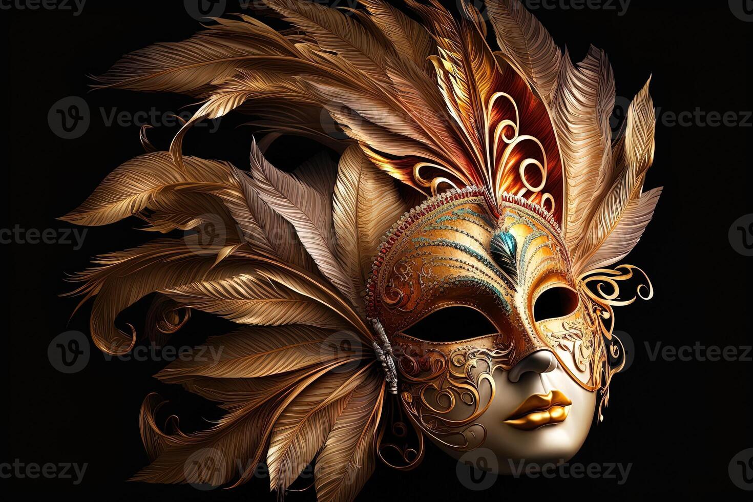 Venetian carnival mask. Gold color, colored feathers. Happy carnival festival, attributes of the Brazilian carnival. Venetian carnival mask and beads decoration. Mardi gras background. photo