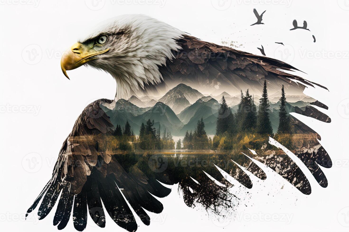 Bald eagle and the Pacific Northwest, double exposure photography. . Leader, courage, strong and brave, majestic lion. Scout photo