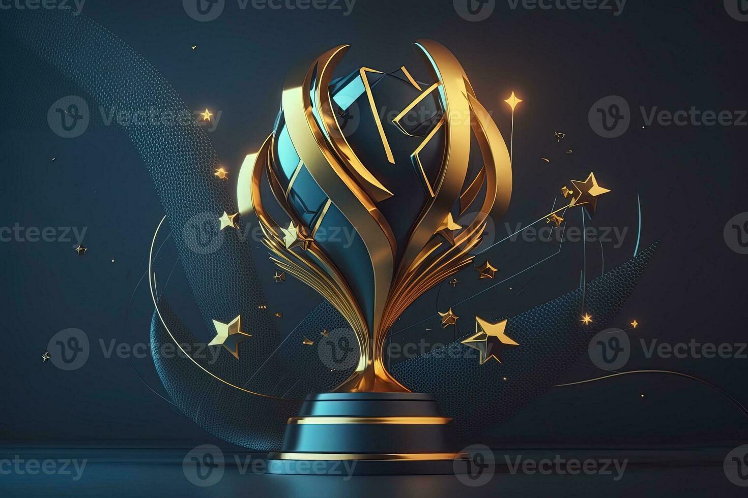 Champion golden trophy with gold stars on blue dark background. Generation AI. Concept of success and achievement. Gold glitters explosion. photo