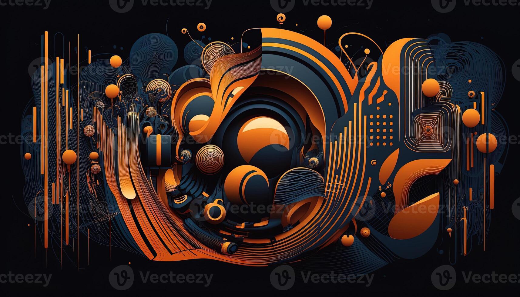 Background banner Music and sound with some technology, orange and dark blue color.Gold music notes and treble clef on line wave of sound tune. illustration template for music festival photo