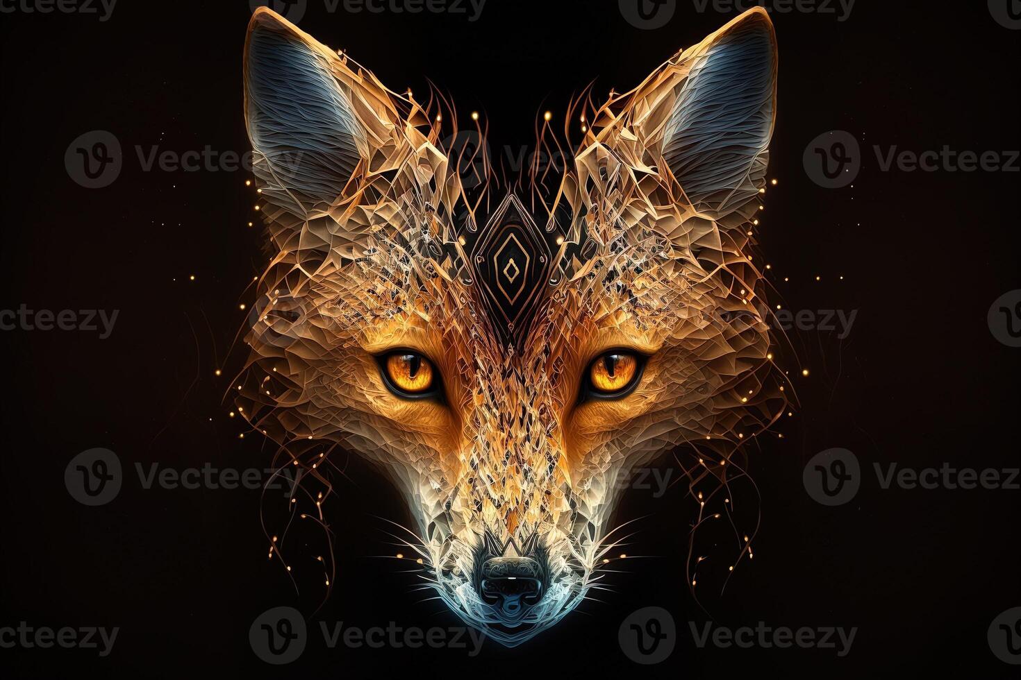 Fantasy Raster Image of Fox Face with Golden Spot, Animal face in the depths of galaxies and stars fox photo