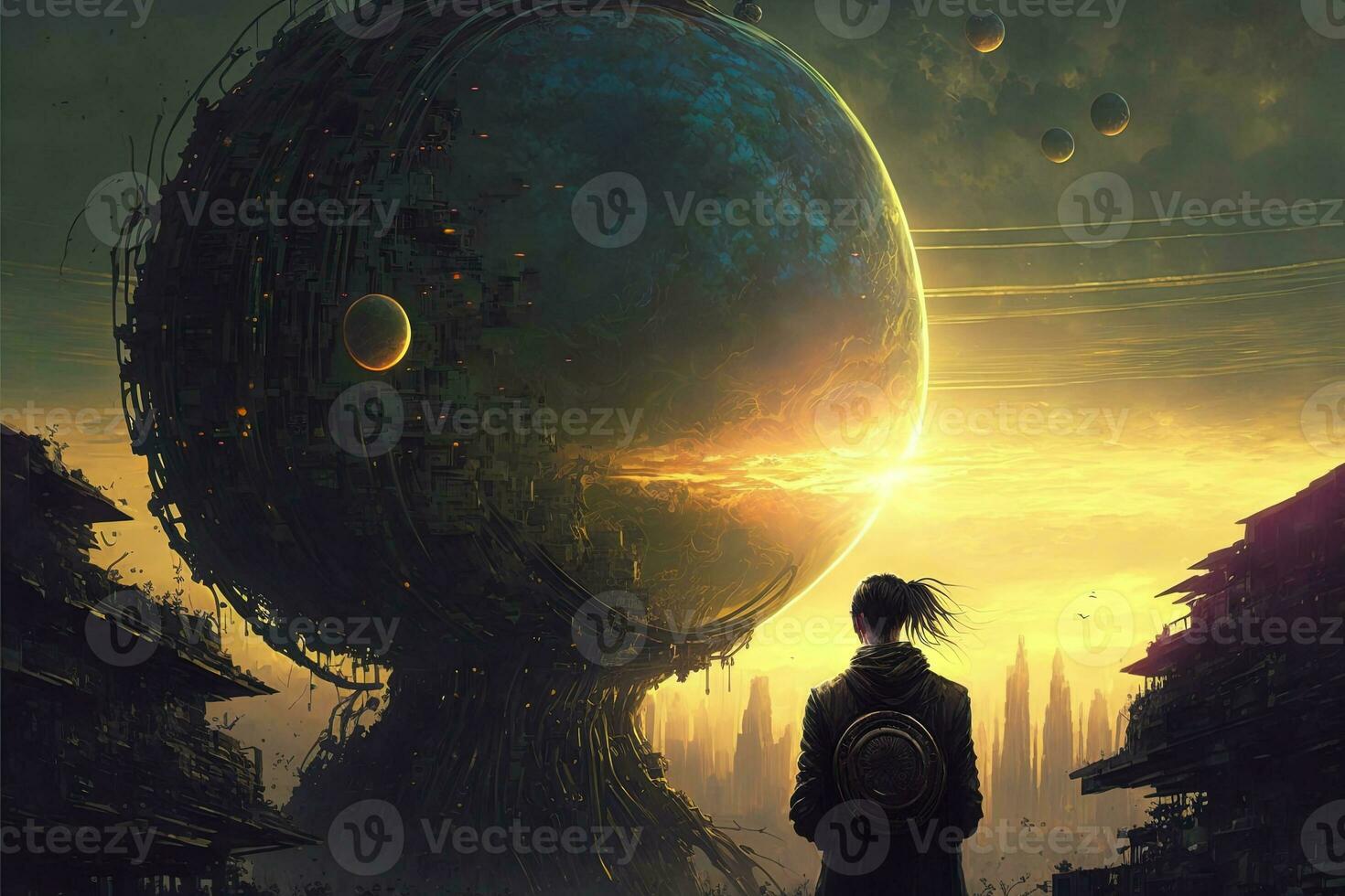 Cyberpunk planet, solar system-punk, the entire universe is collapsing in on itself. Human in the ruined city, destroyed earth, digital painting. Concept apocalypse. Black hole in space photo