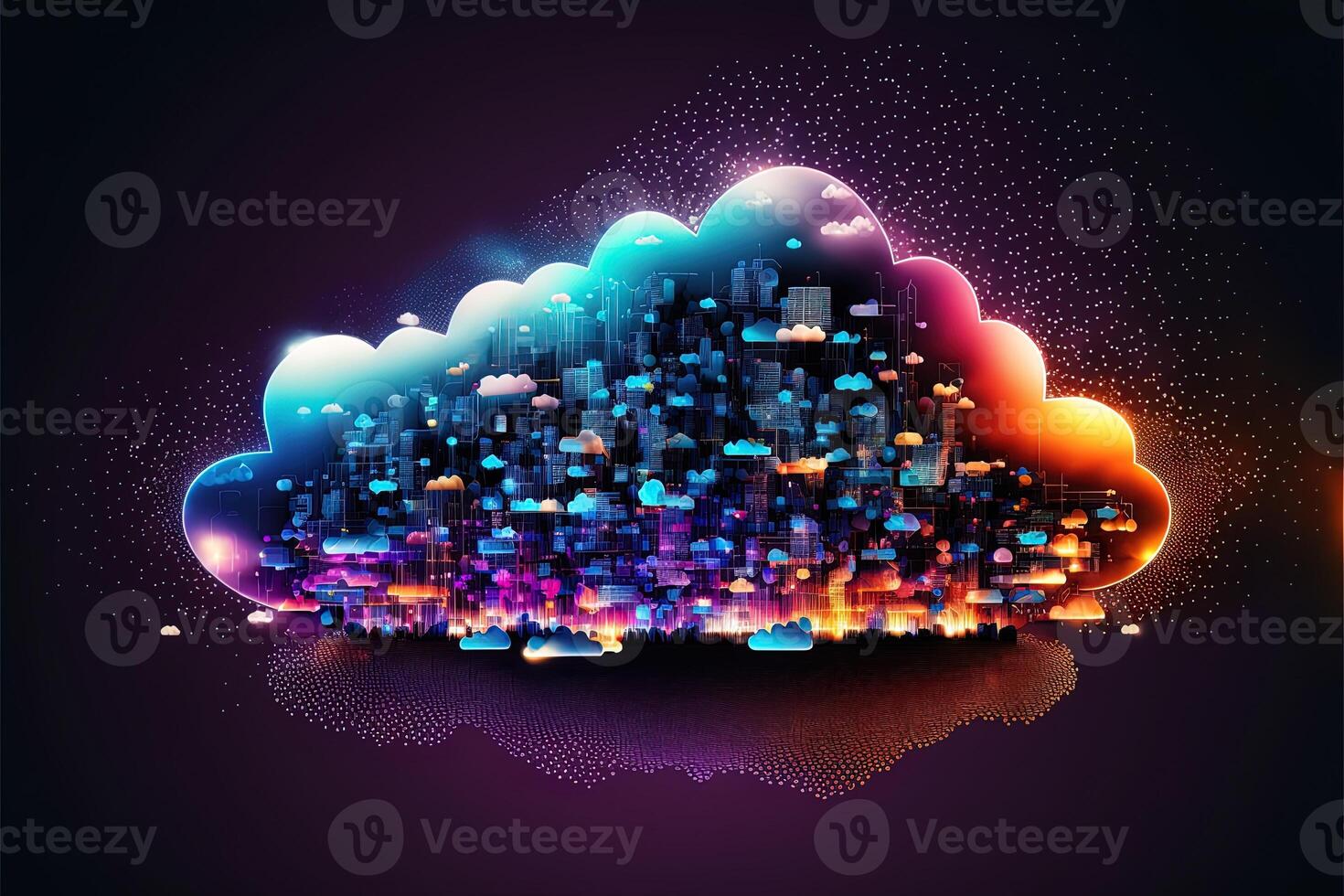 Cloud computing technology above the city concept background, digital illustration, network effect .data transfer cloud computing technology concept. digital smart city at night. photo