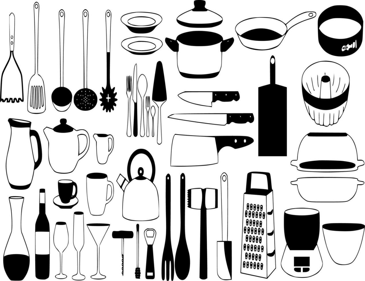 Vector silhouette of kitchen utensils on white background