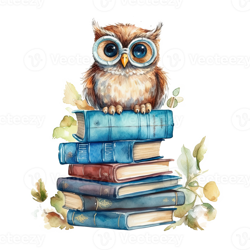 Watercolor books wuth owl. Illustration png
