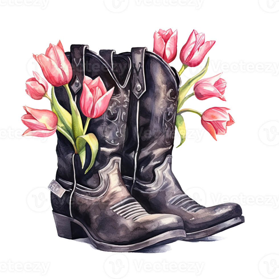 Watercolor cowboy boots with flowers. Illustration png